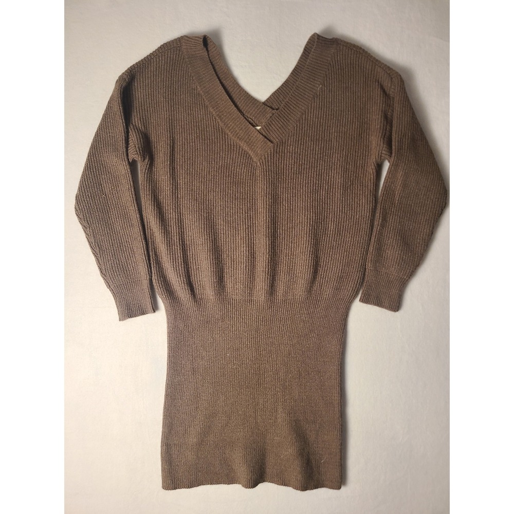 Sweet Lovely by Jen Sweater Dress Wm S Brown V-Neck Ribbed Dolman Knit Cozy Chic